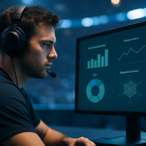 A focused esports player competes at a monitor with performance analytics subtly reflected on
