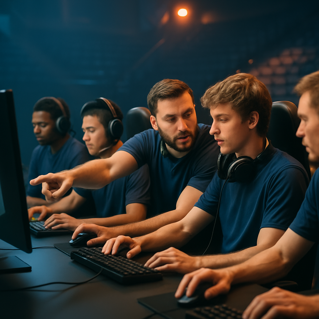 A newly joined esports player works with teammates at their gaming stations as they