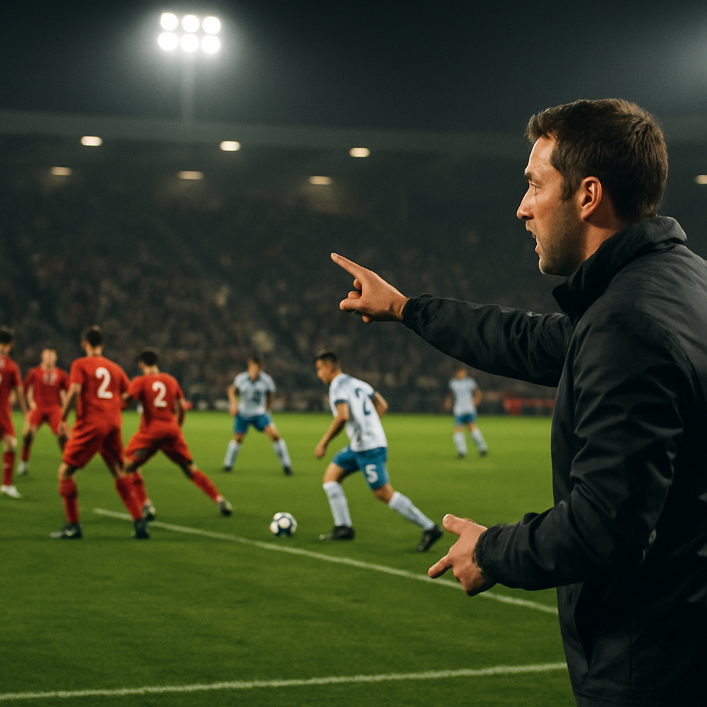 A coach signals a tactical adjustment as players face a high press, a compact