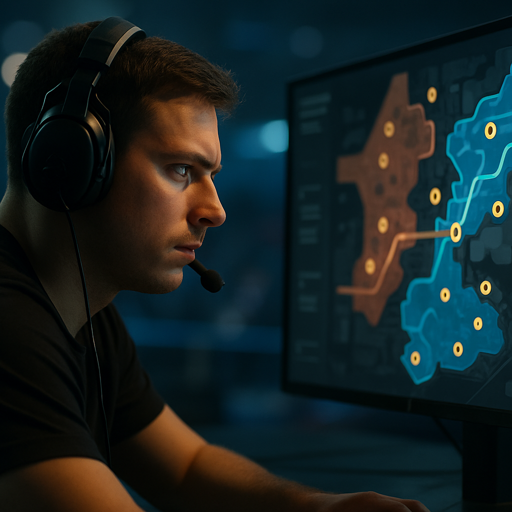 A focused esports player studies a tactical map where controlled zones and open routes