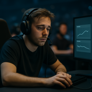 A focused but tired esports player at a tournament station, with a simple fatigue-tracking