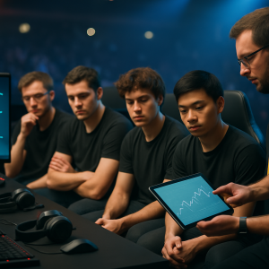 An esports team and coach calmly review performance data after a match in a