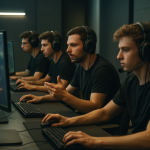 An esports team coordinates roles and tactics at their gaming stations.