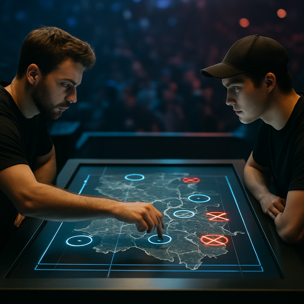 Team captains analyze map picks and bans before an esports tournament match.