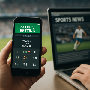 A bettor checks changing match odds on a phone while reviewing sports news on
