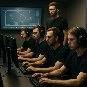 A professional esports team practices at gaming PCs while their coach reviews tactical match