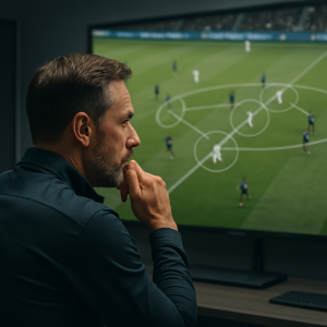 A coach studies live match footage and recurring opponent patterns on an analytics screen.