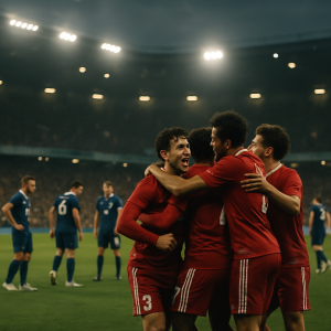 In a professional football match, the leading team celebrates an early goal as their