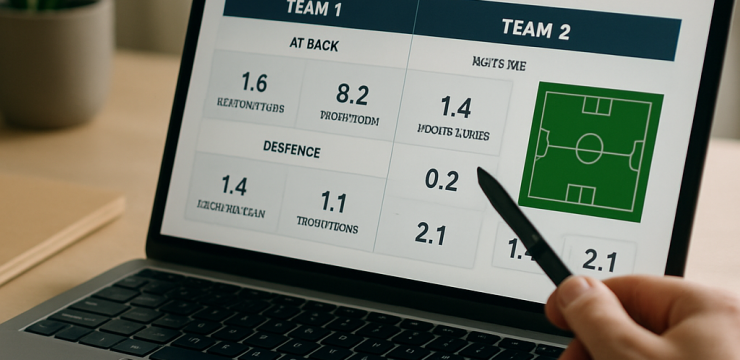 A hand compares two football teams’ attacking and defensive figures on a laptop dashboard