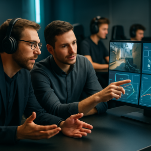 An esports coach and analyst review gameplay and performance charts together in a training