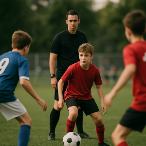 A young footballer weighs a pass as a referee watches closely during a tense