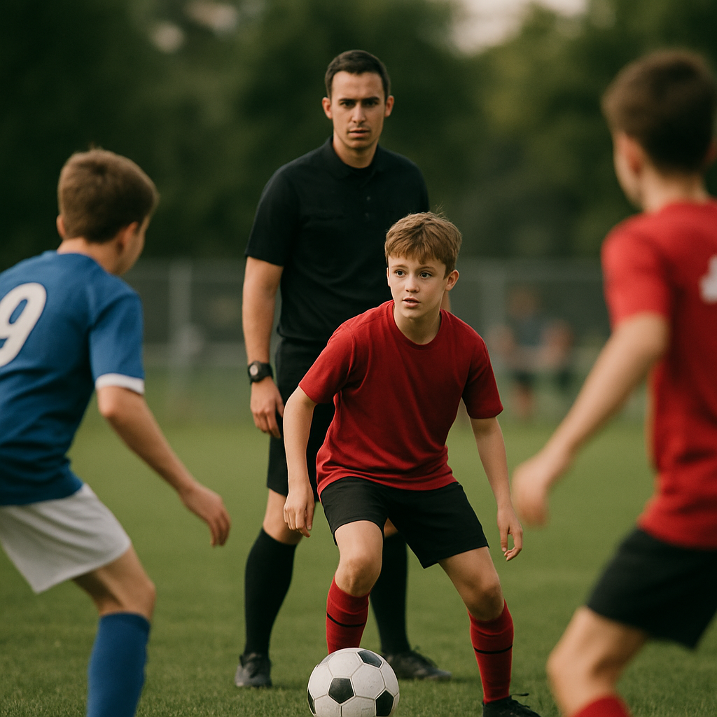 A young footballer weighs a pass as a referee watches closely during a tense