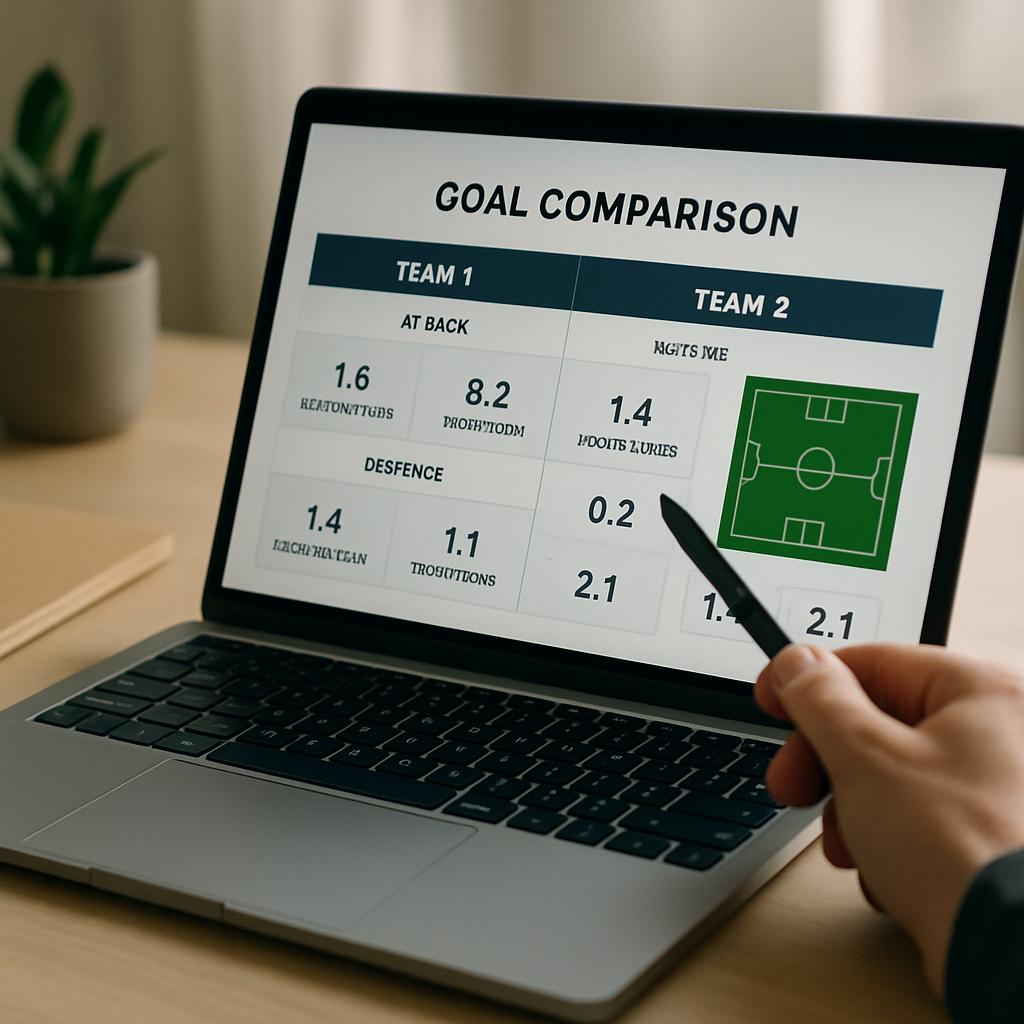 A hand compares two football teams’ attacking and defensive figures on a laptop dashboard